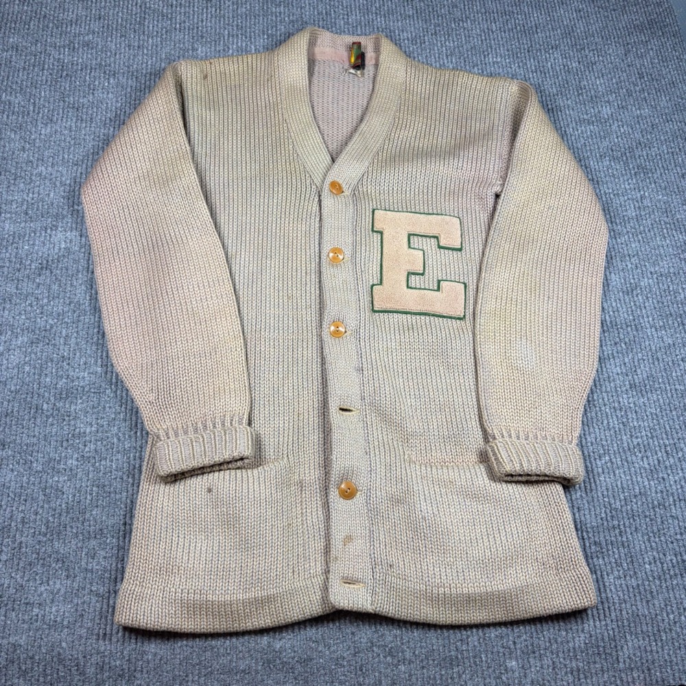 Vintage Lamb Knit Wool Letterman 50s Cardigan Sweater Tan Men Size 38 Patch‎ E